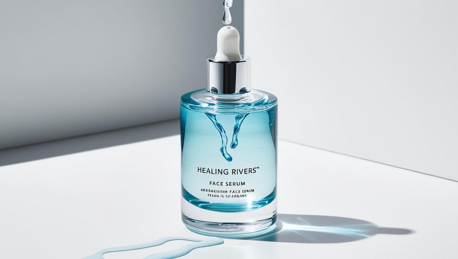 Glass bottle of face serum called healing rivers aesthetics with blue liquid in top of streams of water on a white background