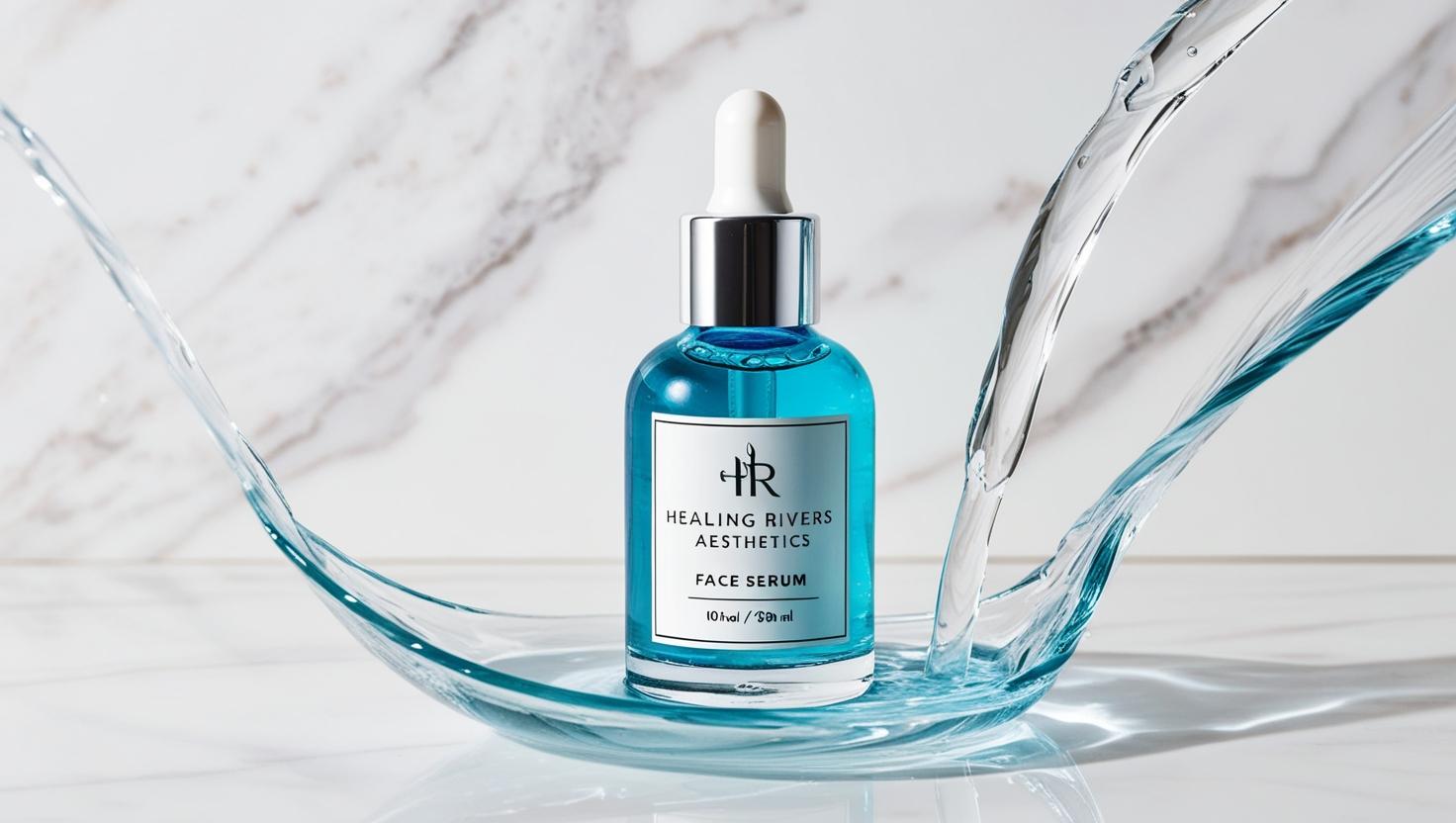 glass bottle of face serum with blue liquid in it. the name on it is clear and it says_ Healing Rivers Aesthetics. surrounded by streams of water on white marble backgroung -2